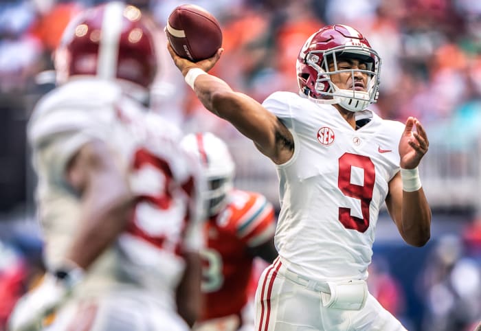 Alabama quarterback Bryce Young attempts a pass against Miami.